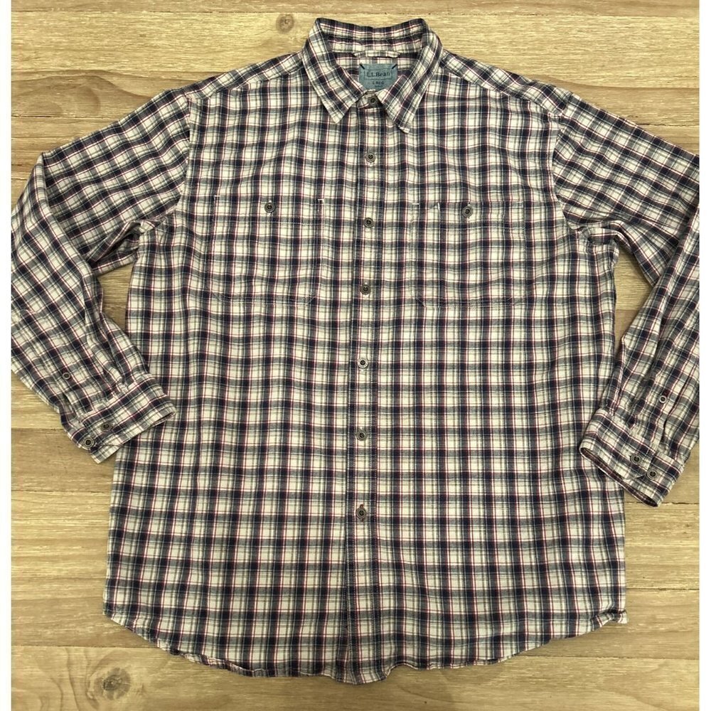 L.L. Bean Mens Button Up Shirt Metal Buttons Plaid 100% Cotton Casual Size Large